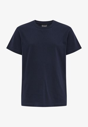 Marineblaue Baumwoll-T-Shirt mit klassischem Rundhalsausschnitt, kurzen Ärmeln und geradem Saum. Keine sichtbaren Muster oder Akzente.
