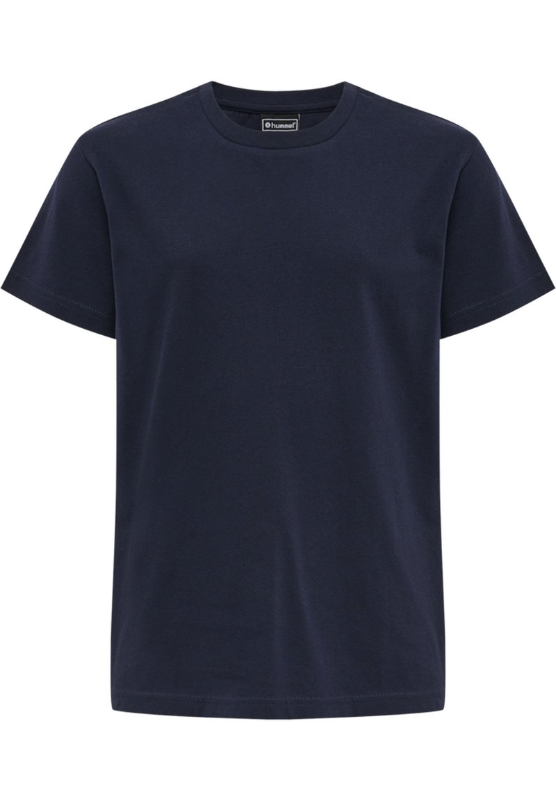 Mörkblå bomulls-T-shirt med klassisk rund halsringning, korta ärmar och rak nederkant. Inga synliga mönster eller detaljer.