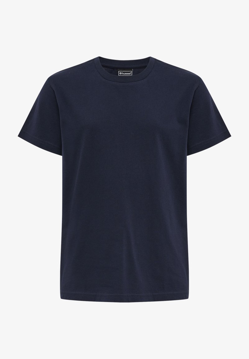 Granatowa bawełniana koszulka z klasycznym okrągłym dekoltem, krótkimi rękawami i prostym dołem. Brak widocznych wzorów lub akcentów.