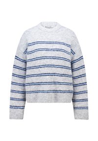 Grauer gestreifter Pullover mit horizontalen blauen Streifen, Rundhalsausschnitt und langen Ärmeln. Weicher Stoff mit lockerer Passform sowie gerippten Bündchen und Saum.
