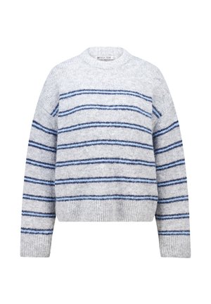 Pull rayé gris avec des rayures horizontales bleu, col rond et manches longues. Texture douce avec une coupe décontractée et des poignets et un ourlet côtelés.