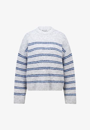 Pull rayé gris avec des rayures horizontales bleu, col rond et manches longues. Texture douce avec une coupe décontractée et des poignets et un ourlet côtelés.