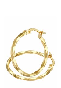 Gold-tone twisted hoop earrings with a smooth surface and secure clasp. Features a shiny finish, round shape, and substantial size.