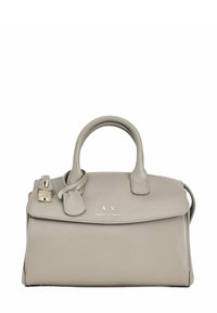 Borsa in pelle grigia Armani Exchange con doppi manici, patta anteriore, accento in oro della serratura e logo impresso al centro anteriore.