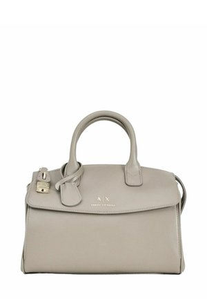 Bolso de cuero gris de Armani Exchange con asas dobles, solapa frontal, detalle de candado dorado y logo embossado en el centro frontal.