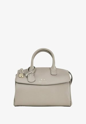 Borsa in pelle grigia Armani Exchange con doppi manici, patta anteriore, accento in oro della serratura e logo impresso al centro anteriore.