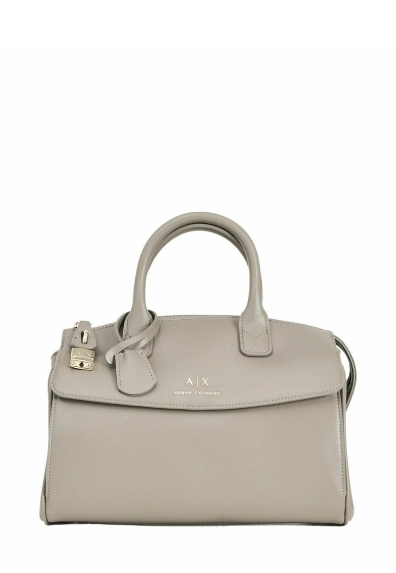 Borsa in pelle grigia Armani Exchange con doppi manici, patta anteriore, accento in oro della serratura e logo impresso al centro anteriore.
