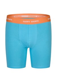 Lichtblauwe boxershort met een gladde textuur, voorzien van een oranje tailleband met de opdruk "HAPPY SHORTS" in het wit.