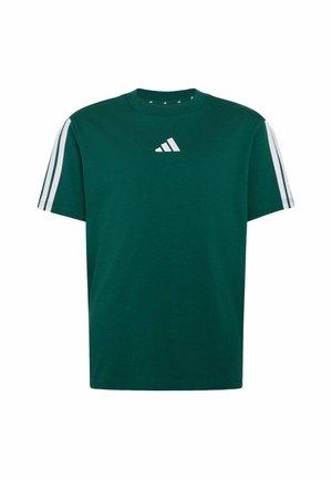 T-shirt Adidas vert foncé avec trois bandes blanches sur les manches et logo Adidas blanc centré sur la poitrine.