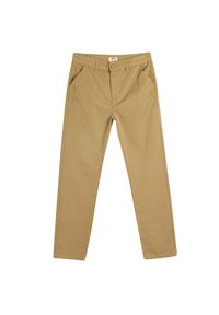 Lysbrune bomulds chinos med en lige ben-design, der har forlommer, en knaplukning og subtile syninger.