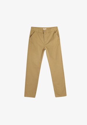 Lysbrune bomulds chinos med en lige ben-design, der har forlommer, en knaplukning og subtile syninger.