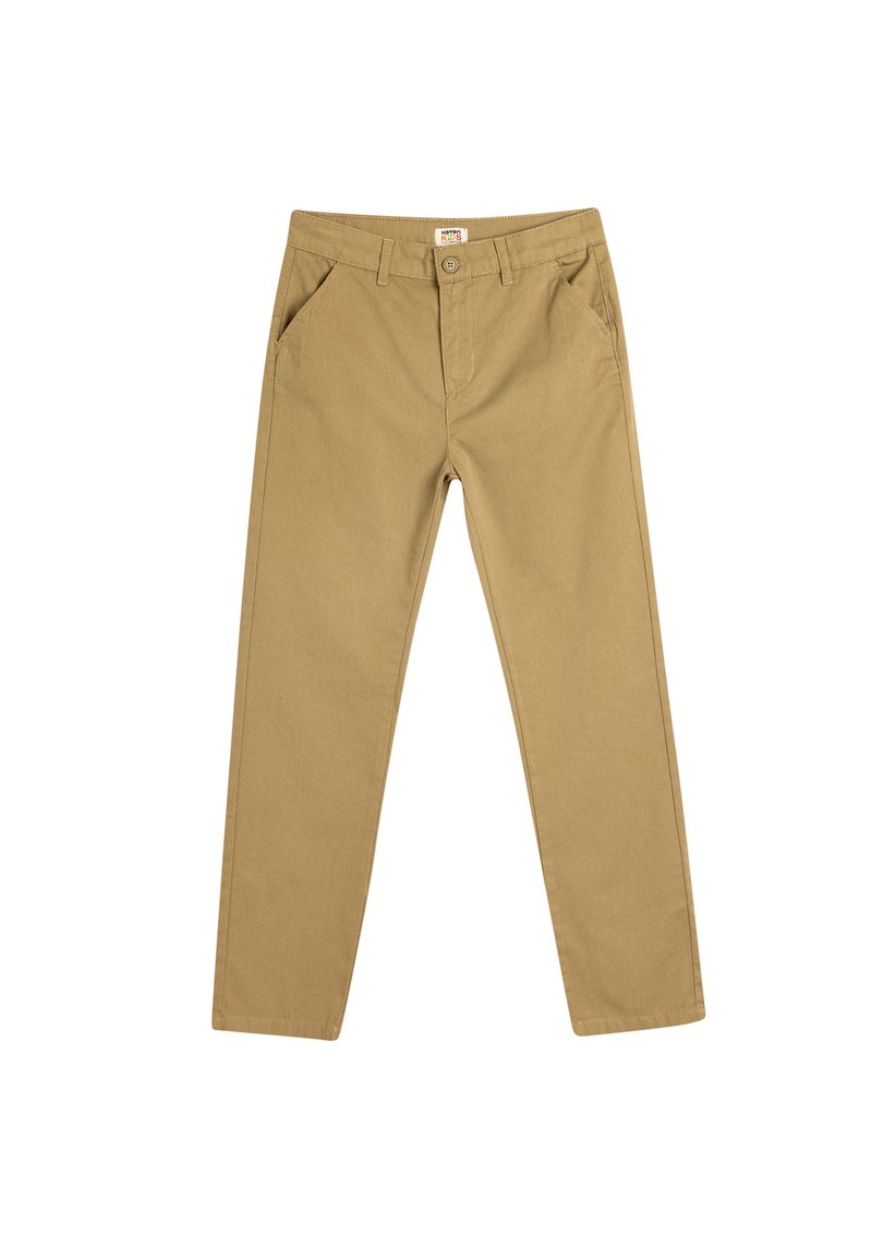 Lysbrune bomulds chinos med en lige ben-design, der har forlommer, en knaplukning og subtile syninger.