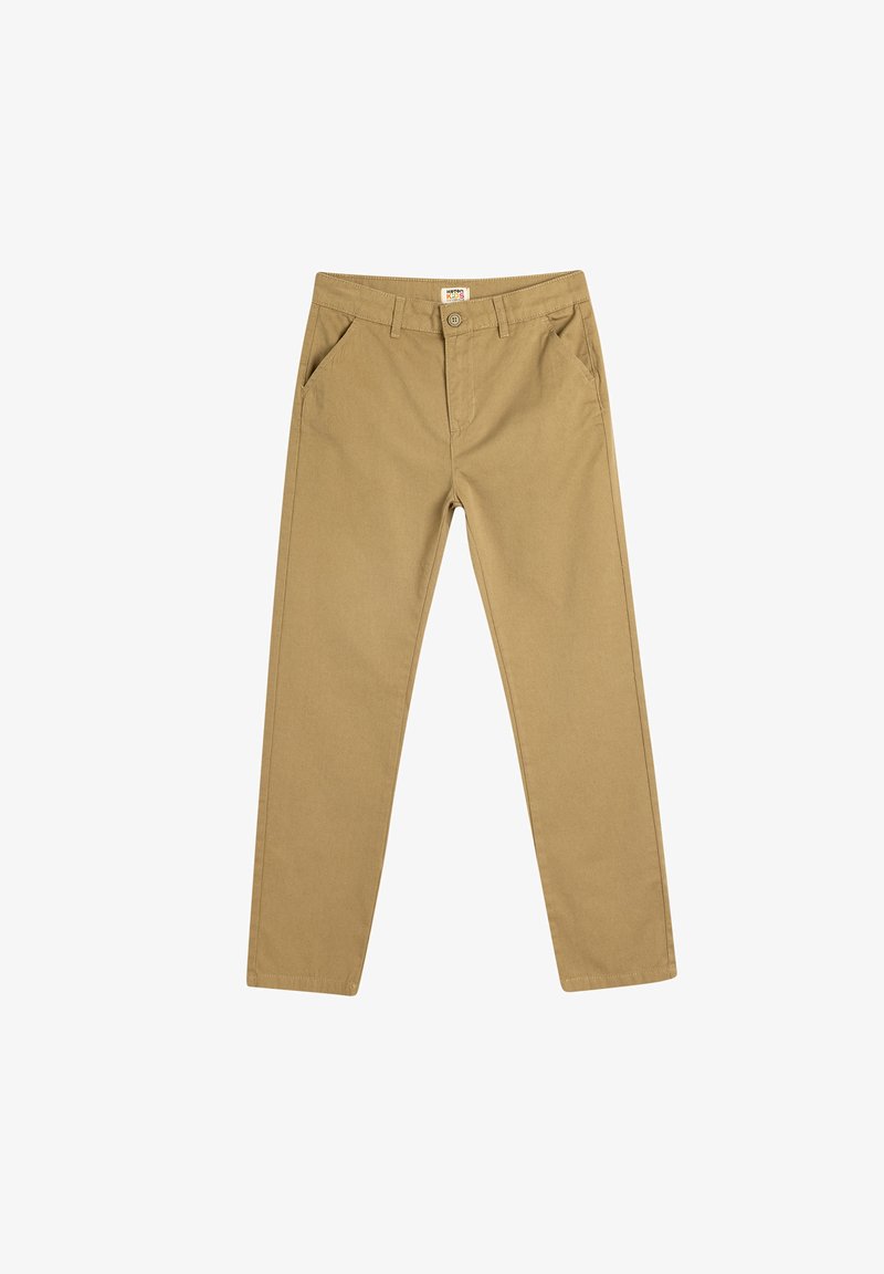 Lysbrune bomulds chinos med en lige ben-design, der har forlommer, en knaplukning og subtile syninger.