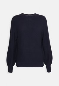Navyblauwe pullover trui met een ronde halslijn, lange ballonmouwen en geribbelde manchetten. Zachte, gebreide textuur met een ontspannen pasvorm.