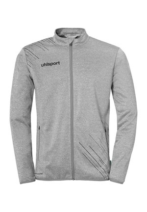 Hellgraue Sportjacke mit durchgehendem Reißverschluss und schwarzen diagonalen Linien, uhlsport-Logo auf der Brust, Reißverschlusstaschen an den Seiten, langen Ärmeln und hohem Kragen.