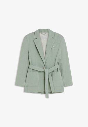 Lichtgroene blazer met ceintuur, met inkeping revers, twee voorzakken, lange mouwen en knoopsluiting, gelabeld Ivy Oak.