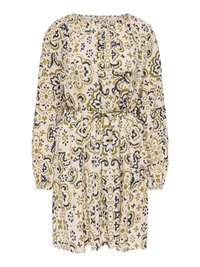 Robe beige à manches longues avec des motifs floraux paisley olives et noirs, un col rond et une fine ceinture nouée à la taille.