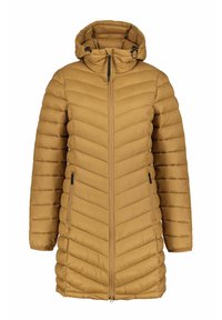 Pufferjack in een warme mosterdkleur met een chevron-quiltpatroon, verstelbare capuchon, ritssluiting aan de voorkant en twee zijzakken met rits.