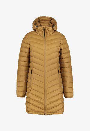 Daunenjacke in einer warmen Senffarbe mit Zickzack-Steppmuster, verstellbarer Kapuze, Frontreißverschluss und zwei seitlichen Reißverschlusstaschen.