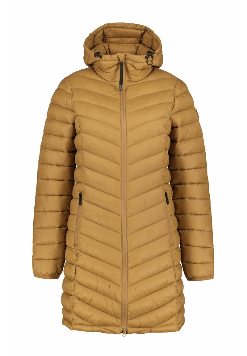 Pufferjack in een warme mosterdkleur met een chevron-quiltpatroon, verstelbare capuchon, ritssluiting aan de voorkant en twee zijzakken met rits.