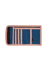 Portfel z niebieskiego materiału z różowym wykończeniem. Posiada wiele kieszeni na karty, przegrodę oraz teksturowane wnętrze. Kompaktowy i funkcjonalny design.