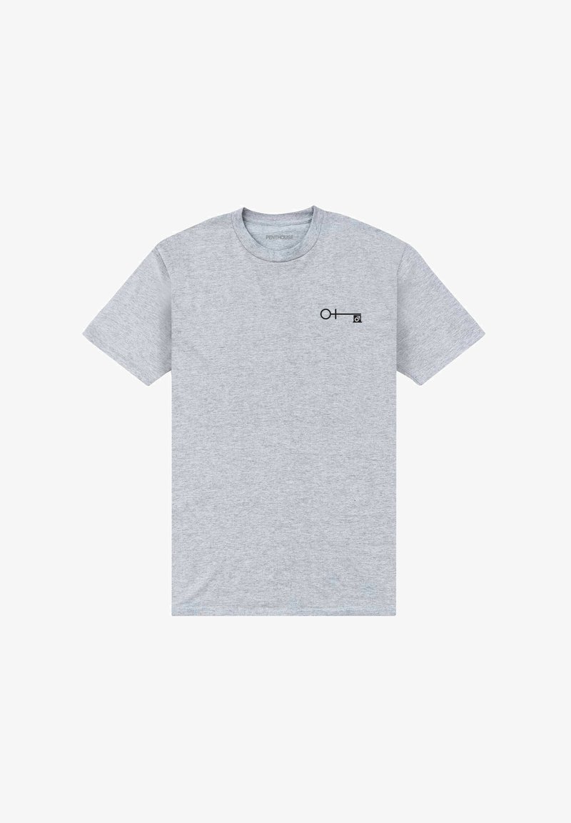 Šedé bavlněné tričko s krátkým rukávem a kulatým výstřihem, na levé části hrudi s malým černým grafickým designem.