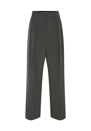 Graue, maßgeschneiderte Hosen mit hoher Taille, die Falten, einen weiten Beinabschluss und eine glatte Textur aufweisen. Mit einem dezenten Reißverschluss geschlossen.