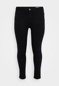 Jean skinny noir en denim. Fermeture par bouton, design à cinq poches et surface lisse et texturée.