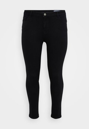 Schwarze, schmal geschnittene Jeans aus Denim. Verfügt über einen Knopfverschluss, ein Fünf-Taschen-Design und eine glatte, strukturierte Oberfläche.