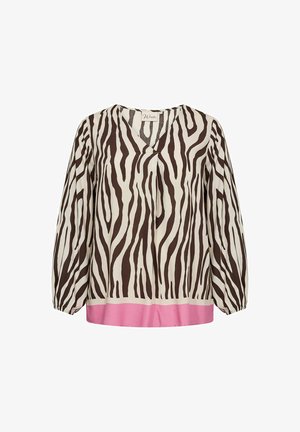 Blouse rayée marron et crème avec un col en V, des manches bouffantes, et une bande rose sur l'ourlet. Tissu lisse, coupe décontractée.