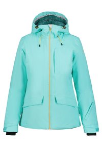 Veste de ski imperméable turquoise avec une capuche doublée en polaire, fermeture éclaire jaune et plusieurs poches. Équipée de poignets élastiques et d'ouvertures de ventilation.