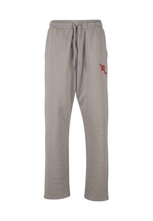 Lys grå sweatpants lavet af blødt stof, udstyret med en elastisk talje med snøre og en rød logo detalje på venstre ben.