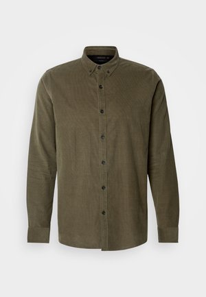 Olive green corduroy shirt with long sleeves, button-down collar, front button placket, and black plastic buttons. Soft textured fabric.
