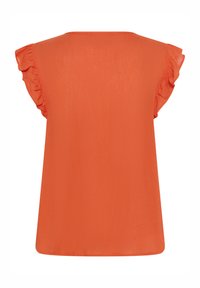 Blouse orange vif à manches courtes avec bords volantés aux manches et ourlet droit, vue de dos.