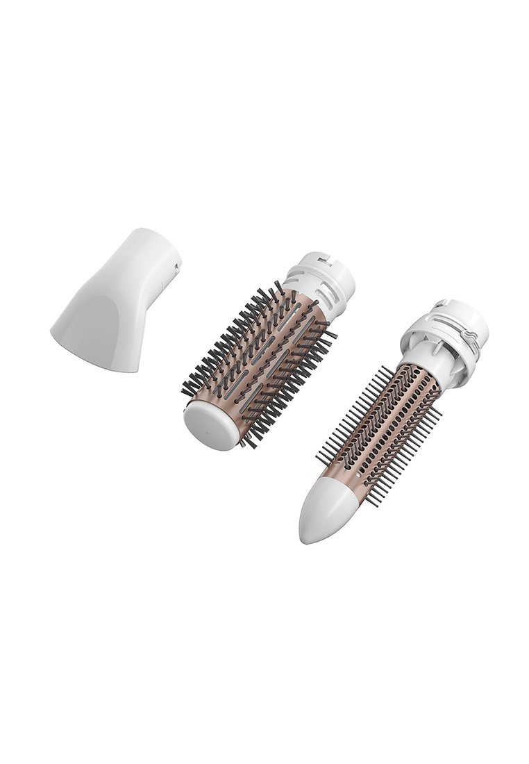 Hairstyling-Bürste mit austauschbaren Köpfen, ausgestattet mit einem weißen Griff, strukturierten Borsten und einem zylindrischen Design in Beige- und Brauntönen.