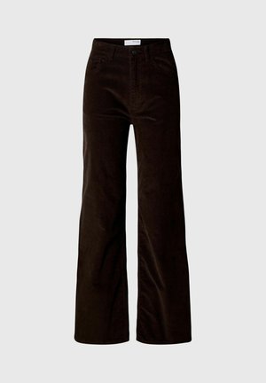 Pantaloni in corda a gamba larga e vita alta di colore marrone scuro, con bottone frontale, chiusura con zip e tasche laterali e posteriori, su sfondo chiaro uniforme.