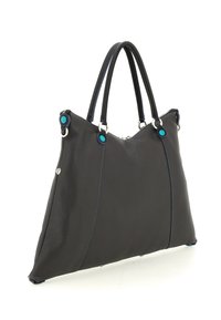 Borsa tote in pelle nera con finitura testurizzata, caratterizzata da cuciture blu e dettagli turchesi sulle maniglie. Chiusura con zip nella parte superiore.