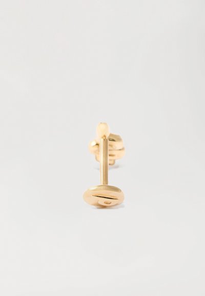 Zlatý náušnice s kulatým designem, vybavené hladkým povrchem a úzkým držákem. Jednoduché a minimalistické s lesklým povrchem.