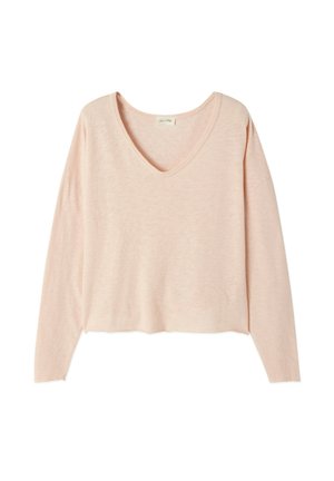 Pullover lungo rosa chiaro con maniche lunghe e scollatura a V, realizzato in tessuto morbido, con vestibilità morbida e orlo corto, senza motivi o dettagli visibili.