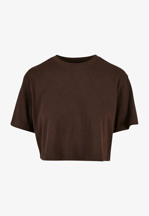 Bruin, kort T-shirt van zacht katoen. Heeft een ronde hals en korte mouwen. Eenvoudige, losse pasvorm zonder opvallende patronen of accenten.