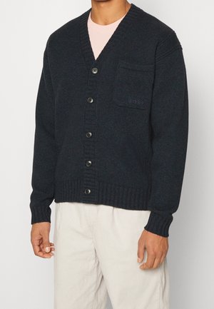 Man draagt een donkerblauwe gebreide cardigan met knopen en borstzak over een lichtroze overhemd en beige broek tegen een witte achtergrond.