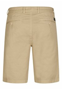 Beige shorts van katoen met een gladde textuur, voorzien van twee achterzakken met knoopsluitingen en een tailleband met riemlussen.