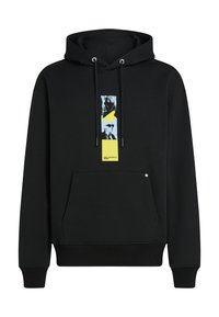 Fekete kapucnis pulóver, elülső zsebbel, húzózsinóros kapucnival, grafikai nyomattal, amely kék és sárga árnyalatokat tartalmaz, valamint bordázott mandzsettákkal és alsó szegéllyel.