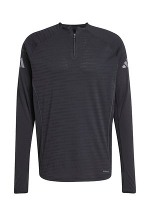 Zwart sportshirt met lange mouwen, een kwart-rits, een gestructureerd patroon en reflecterende accenten op de schouders. Gemaakt van lichtgewicht stof.