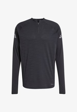 Long-sleeve black athletic shirt with a quarter-zip, textured pattern, and reflective accents on the shoulders. Made of lightweight fabric.