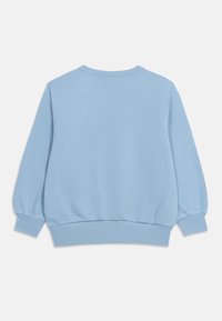 Sweatshirt bleu clair à manches longues et col rond, avec poignets et ourlet côtelés, présenté de dos sur un fond blanc.