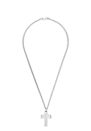 Silberne Halskette mit einem polierten Kreuzanhänger mit zweifarbigem rechteckigem Design.