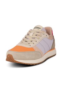 Schuh mit leichtem Design, der orangefarbenes Mesh, Akzente aus lavendelfarbenem und beige Leder, eine strukturierte Ferse sowie eine Gummisohle für besseren Halt bietet.