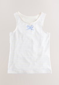 White tank top with light blue horizontal stripes, rounded neckline, and a small blue bow detail centered on the chest. Soft fabric texture.