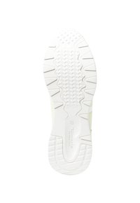 Semelle de sneaker blanche avec des motifs de tread texturés, présentant des designs circulaires surélevés et des zigzags. Nom de la marque et taille embossés sur le côté.